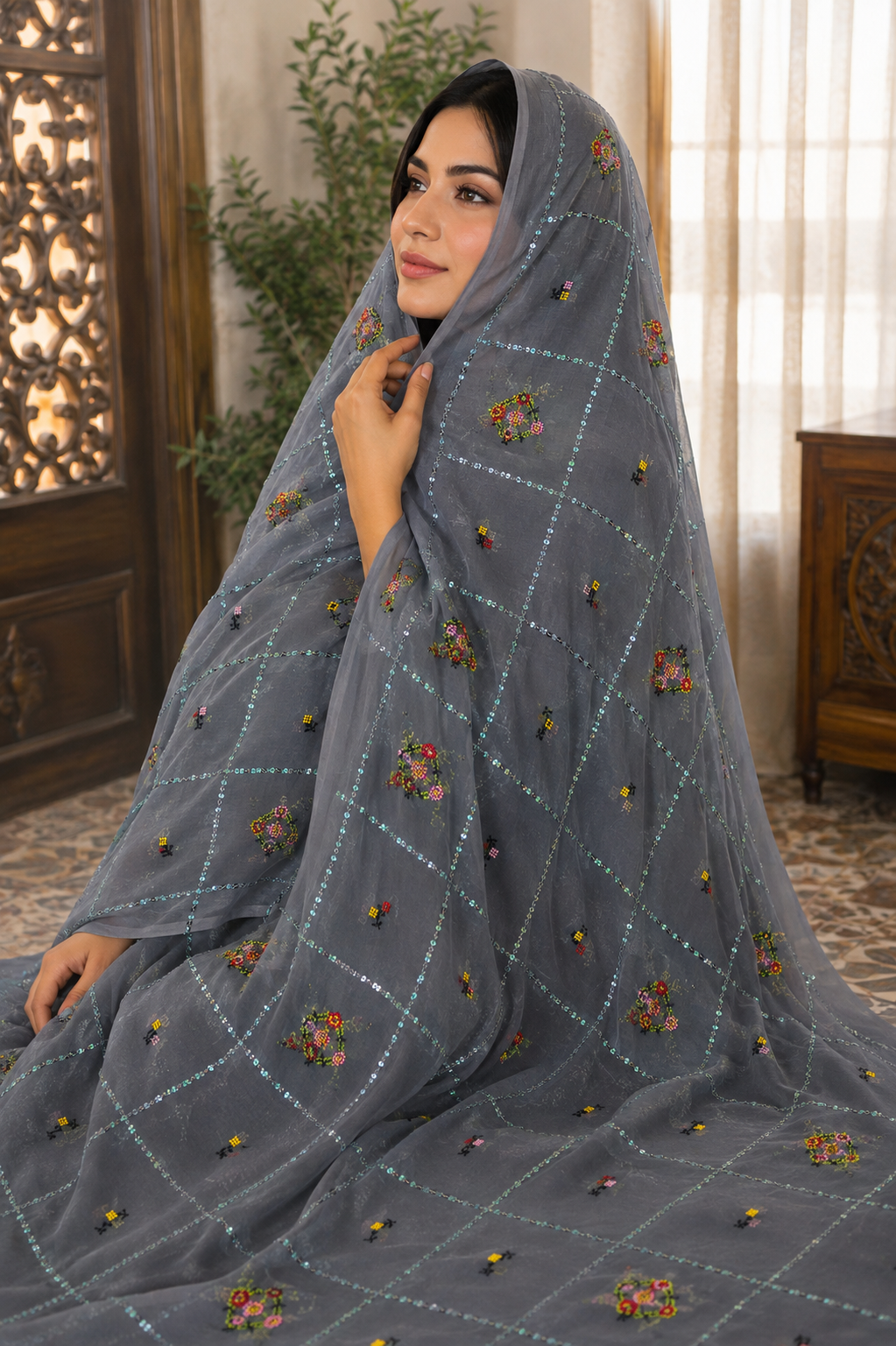 China Swiss Lawn Ladies Shawl with All Over Check Jaal Sequence Sitara Embroidery