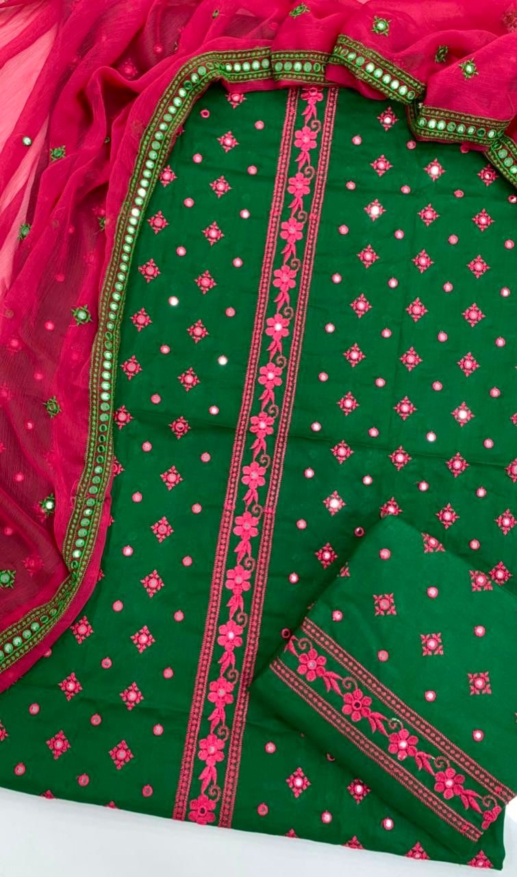 Green Soft Cotton Suit with 9mm Sitara Work & Pink Chiffon Dupatta