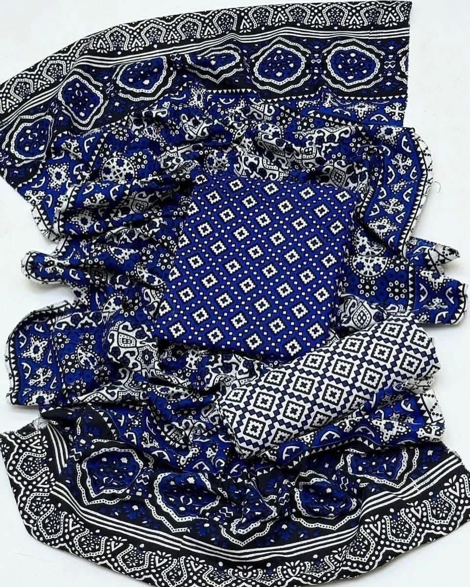 Blue Ajrak Block Print 3 Piece Dress – Soft Cotton Fabric