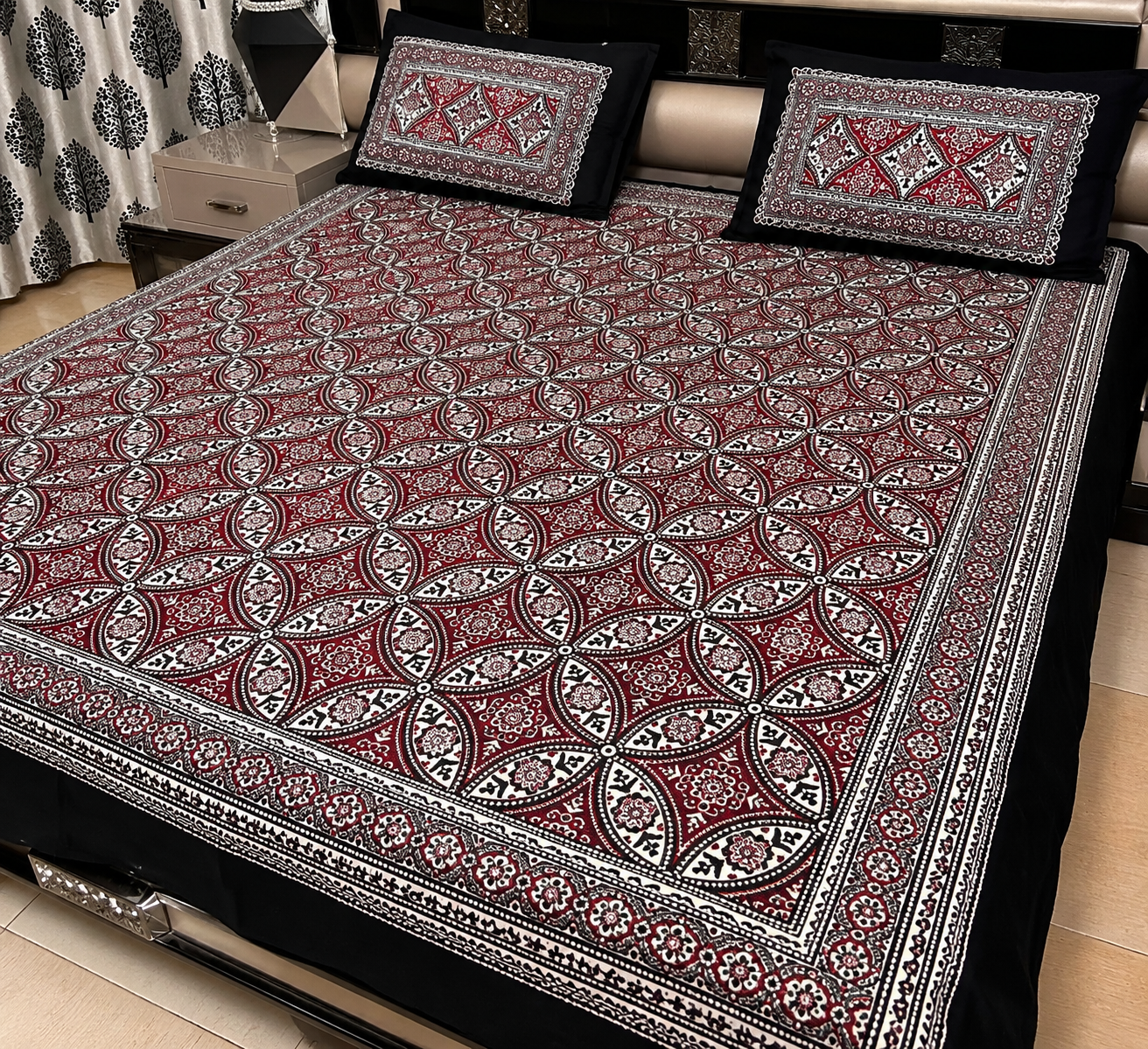 Ajrak Cotton King Size Block Print Bedsheet with 2 Unstitched Pillow Covers