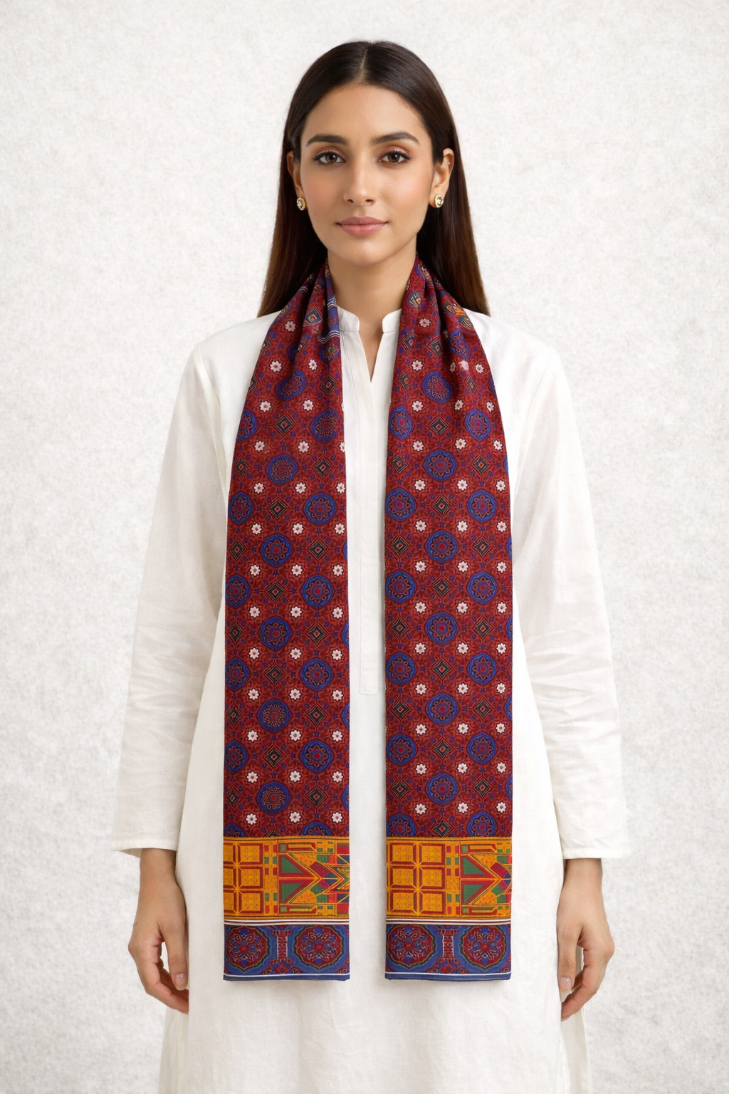 Traditional Sindhi Ajrak Printed Muffler for Men & Women – Red & Blue Handcrafted Design