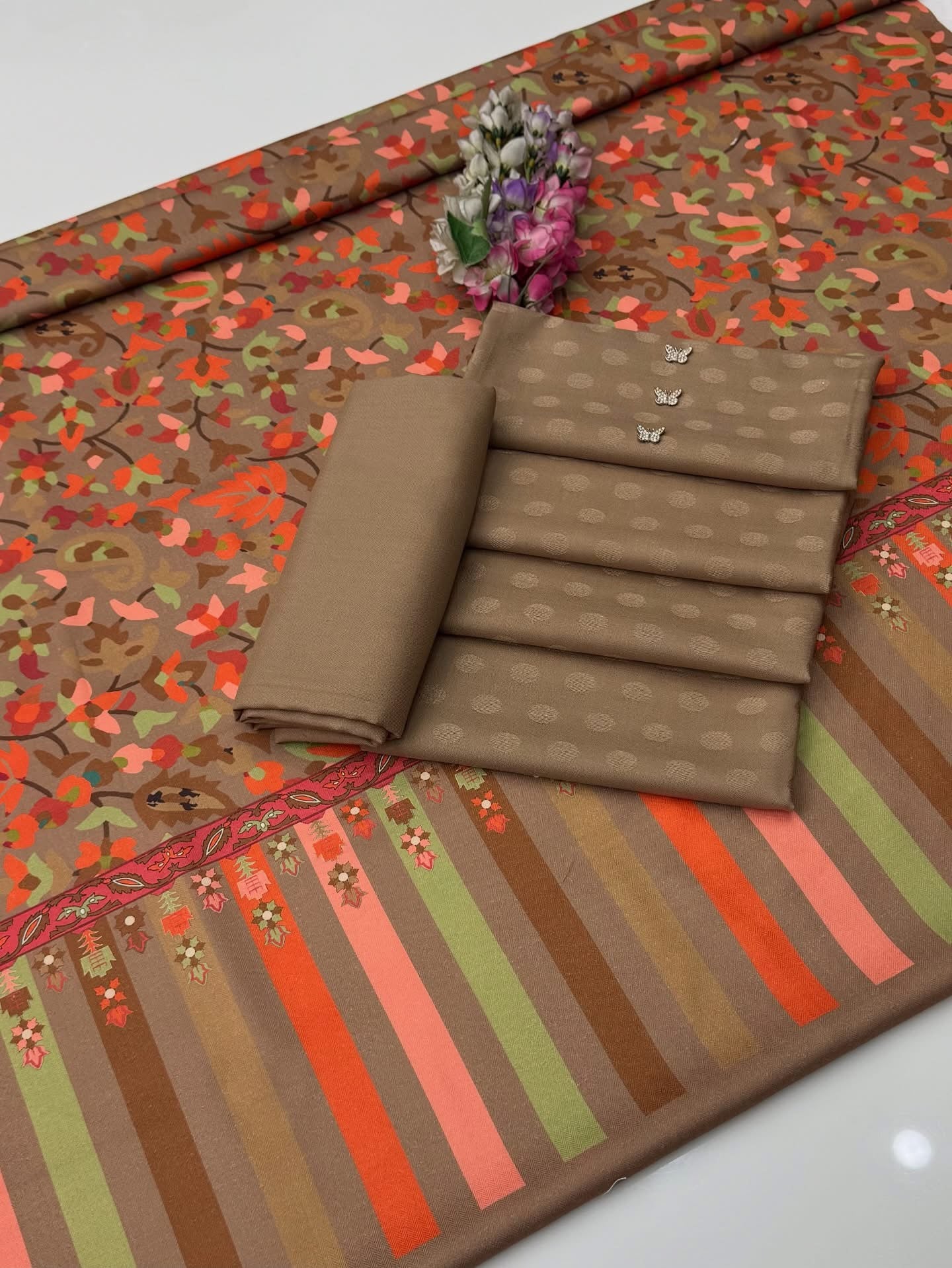 Luxury Jacquard Marina Dhanak 3 Piece Winter Suit with Digital Print Kalamkari Pashmina Shawl