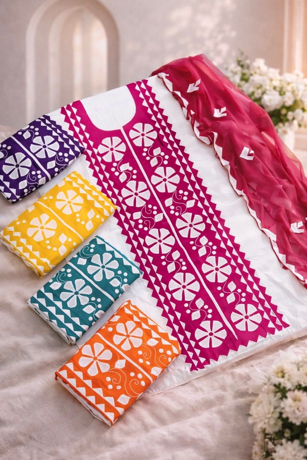 Handmade Applique Work Suit β Soft Cotton Fabric with Contrast Chiffon Dupatta - 3PC Unstitch Dress