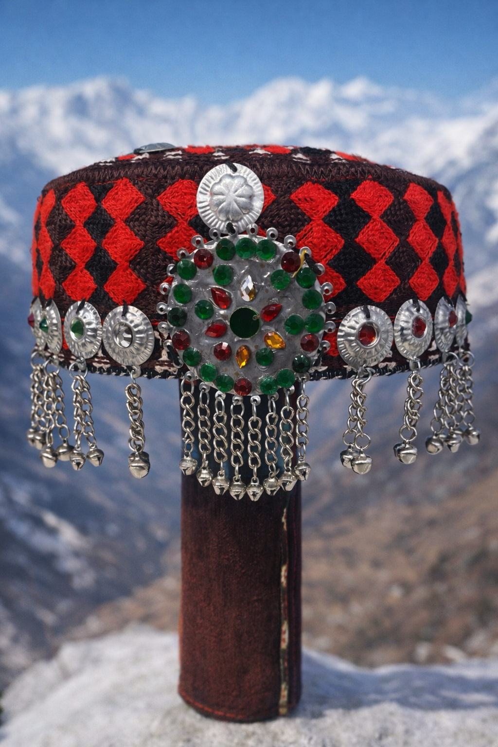 Handcrafted Traditional Embroidered Gilgiti Cap with Silver Coins Tassels (Standard Size)