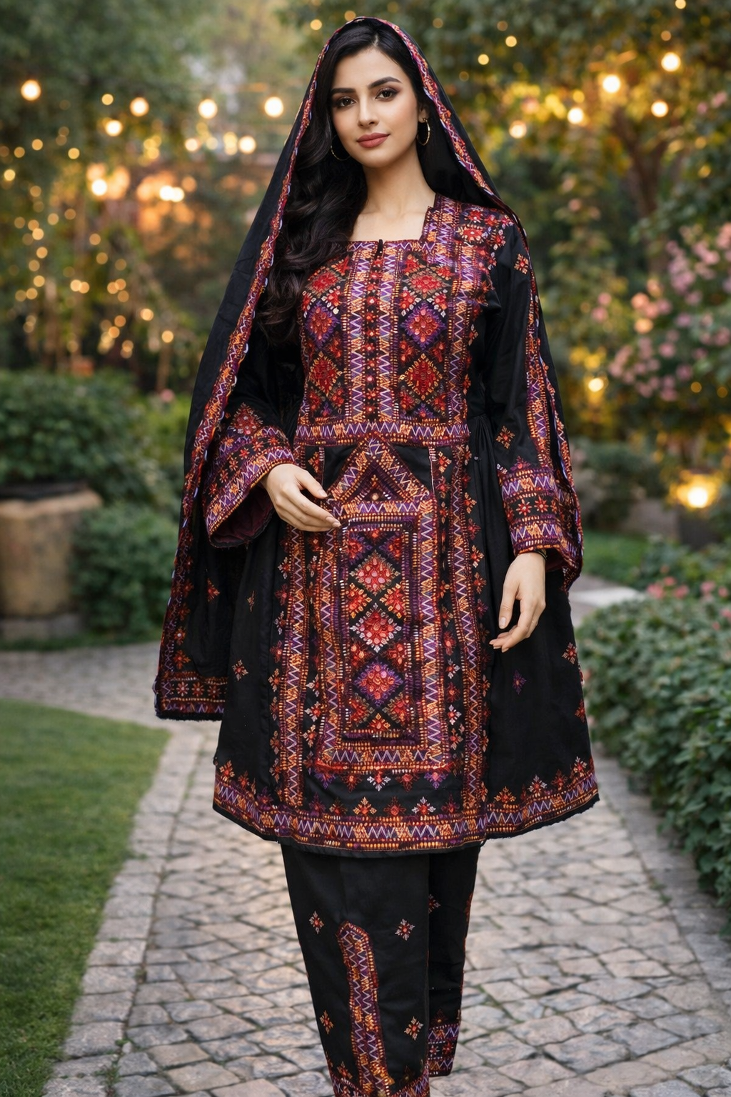 Black Georgette Unstitched Balochi Ghagha with Multi Thick Thread Embroidery & 9mm Sitara Work