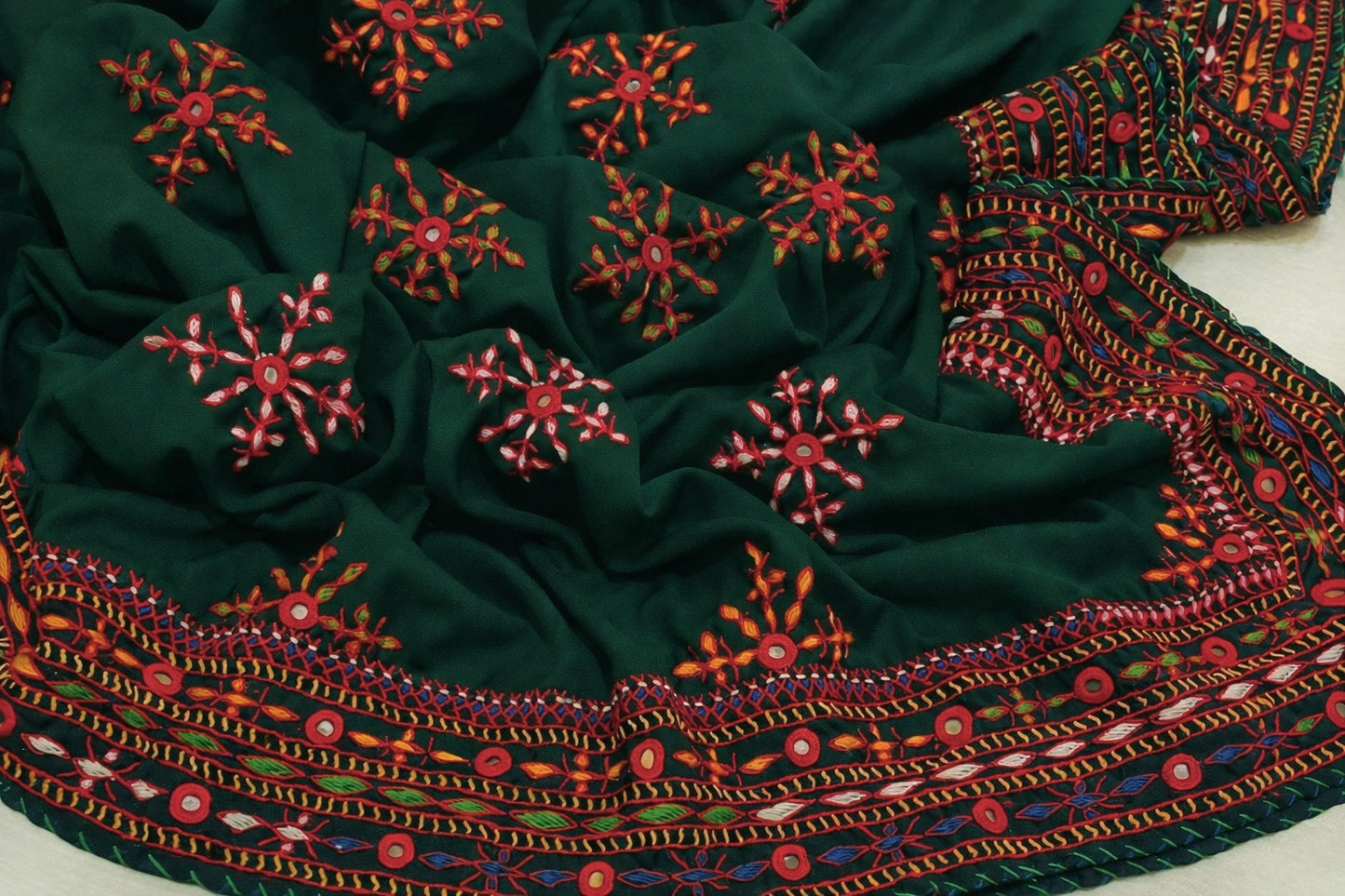 Handmade Traditional Balochi Chadar – Swiss Voile with Original Mirror Work & Double Border (All Four Sides)