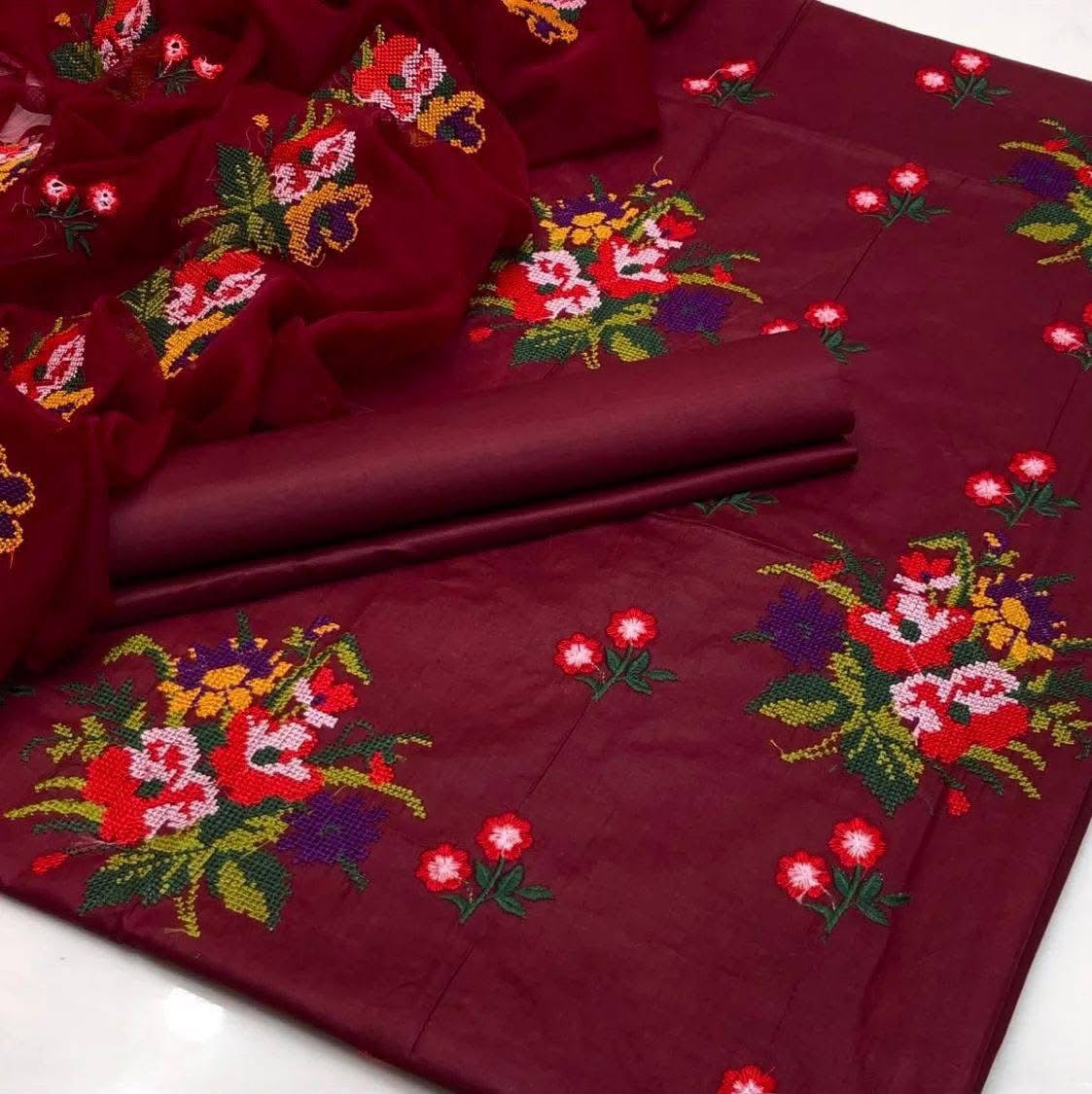 Cross Stitch Flower Jaal Embroidered 3pc