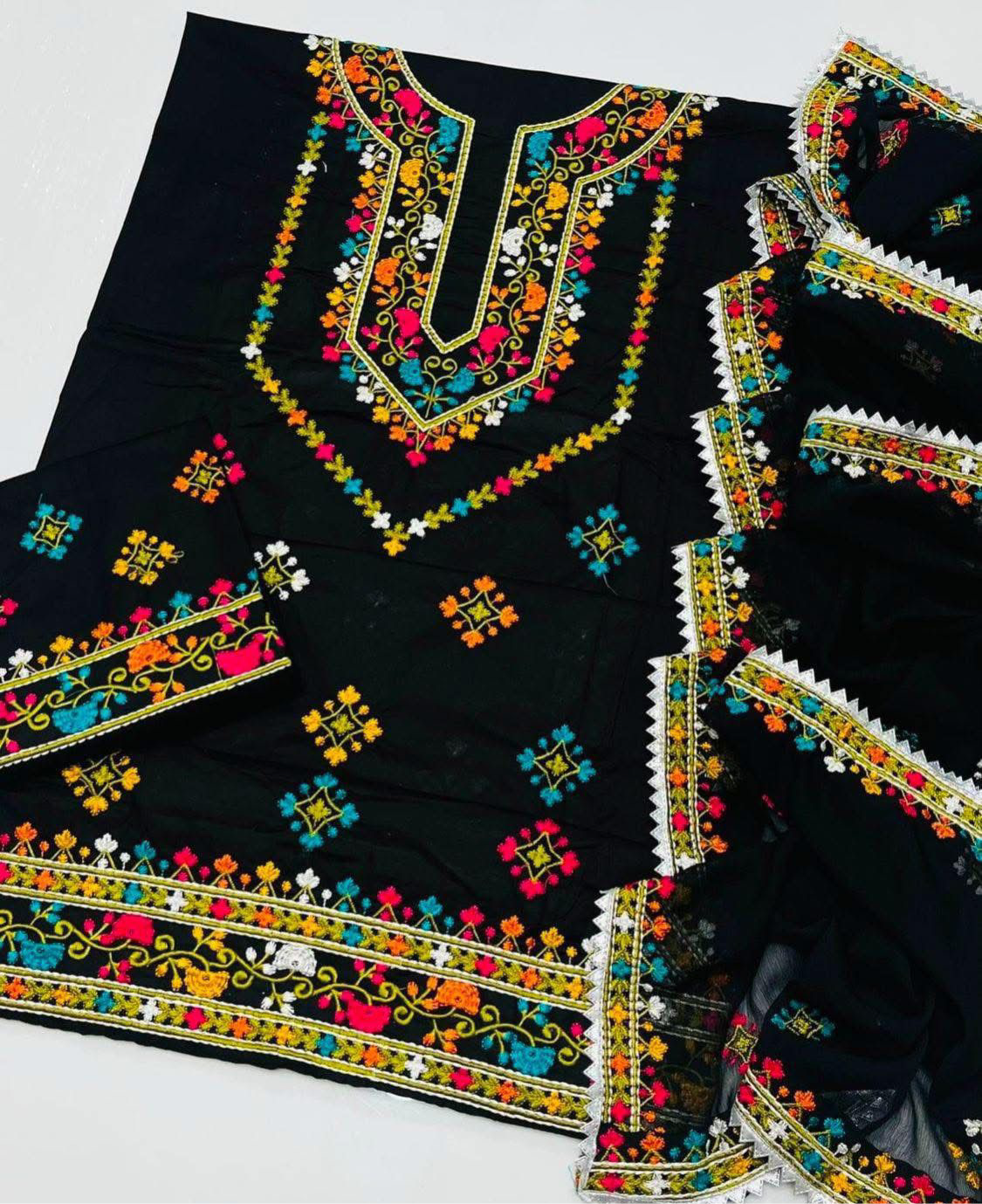 Handmade Style Pakka Tanka Multi Machine Embroidery Unstitch 3pc Dress 👗