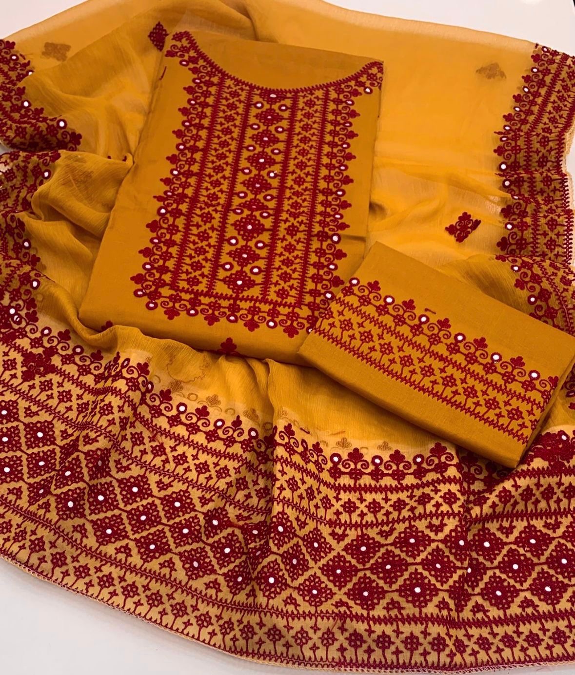 3-Piece Embroidered Suit with Chiffon Dupatta – Sindhi Hurmucha Machine Work & Sitara Foil Detailing