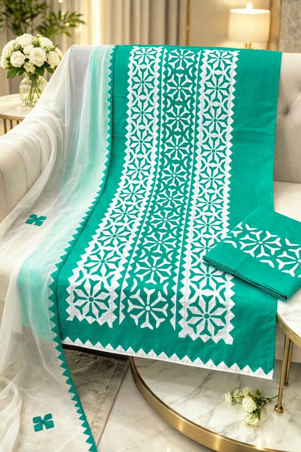 Soft Cotton 3-Piece Applique Handwork Dress with Chiffon Dupatta