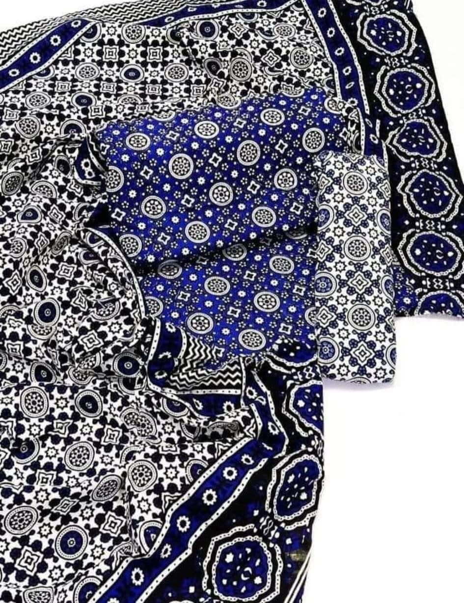 Blue Ajrak Block Print 3 Piece Dress – Soft Cotton Fabric