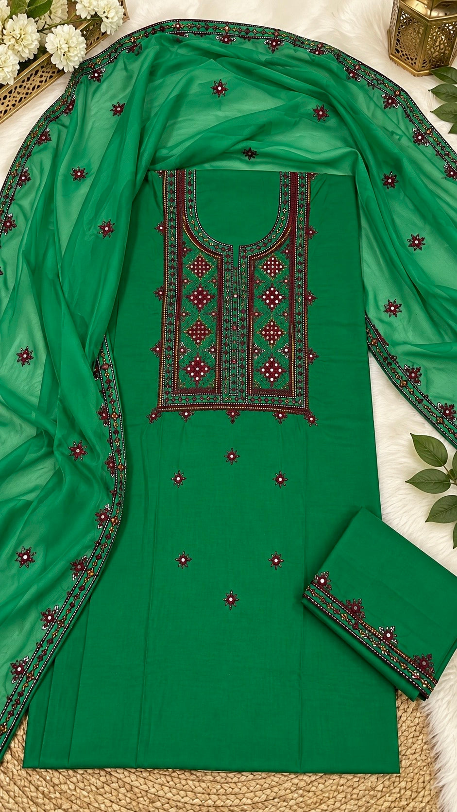 Balochi Handmade Original Mirror Work Soft Cotton Shirt & Trouser with Chiffon Four Side Border Dupatta β 3PC Unstitched Dress π