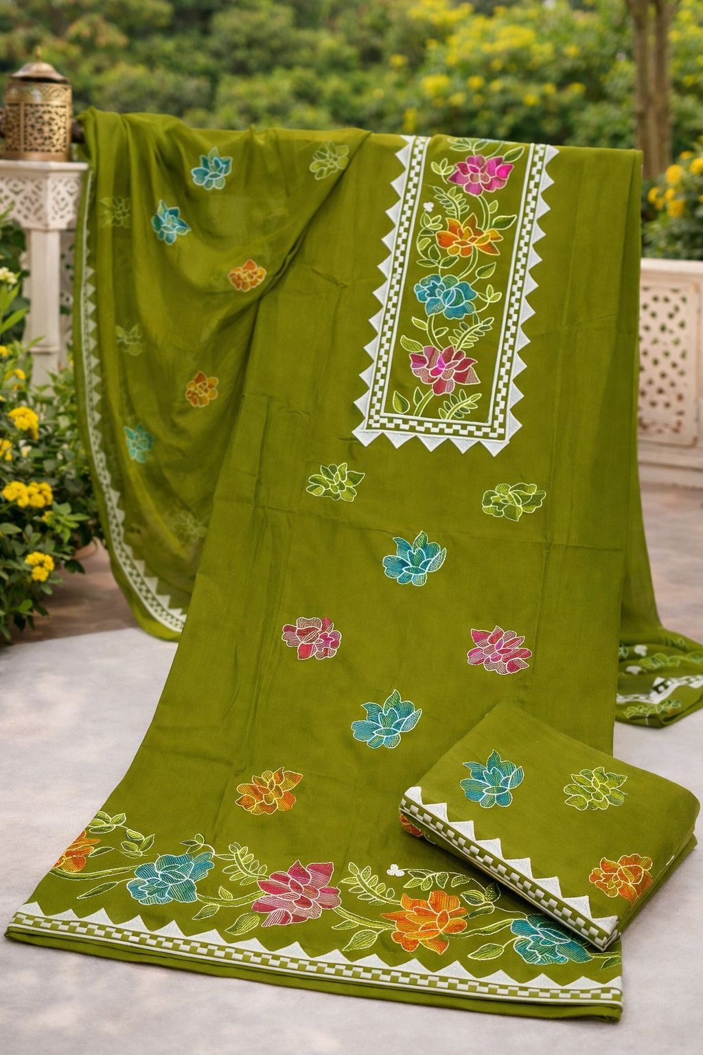 Computer Applic Floral Embroidered Unstitched 3PC Dress