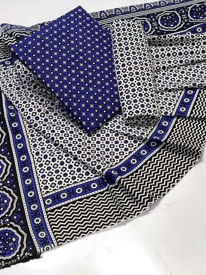 Blue Ajrak Block Print 3 Piece Dress – Soft Cotton Fabric