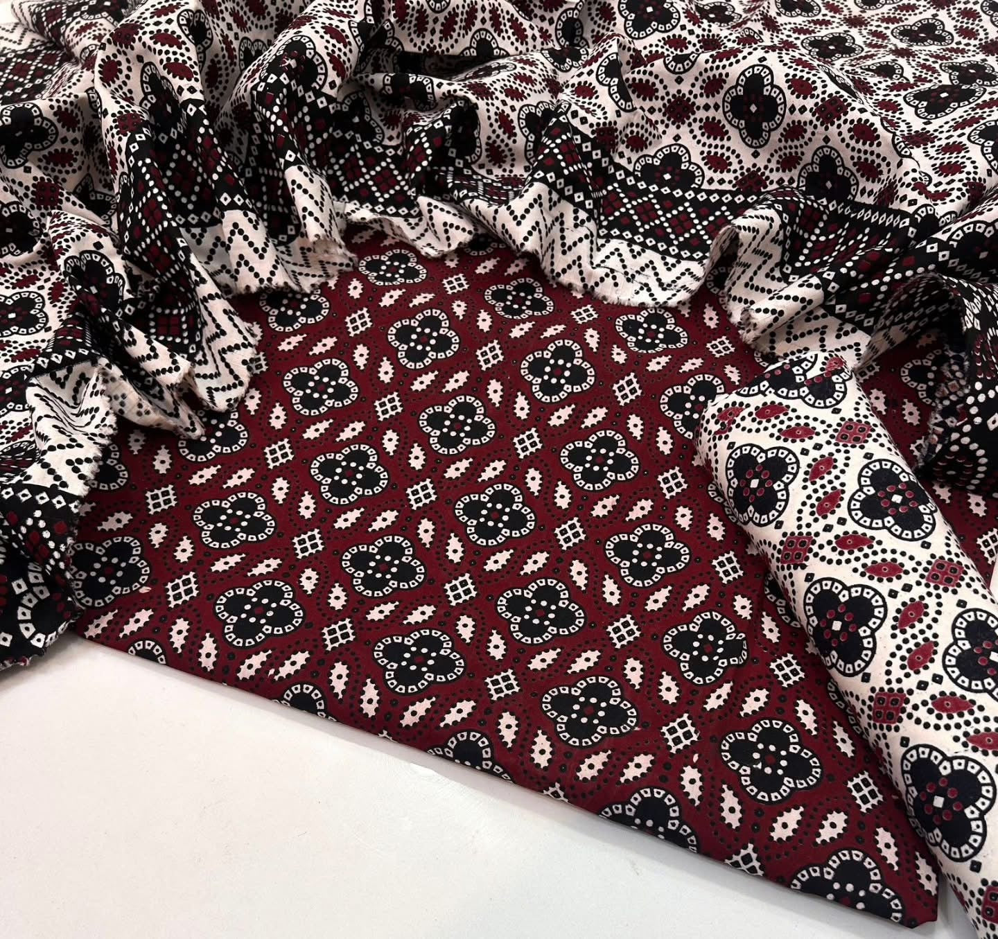 Hand Block Print Ajrak Cotton Unstitched 3-Piece Suit | All-Season Wear