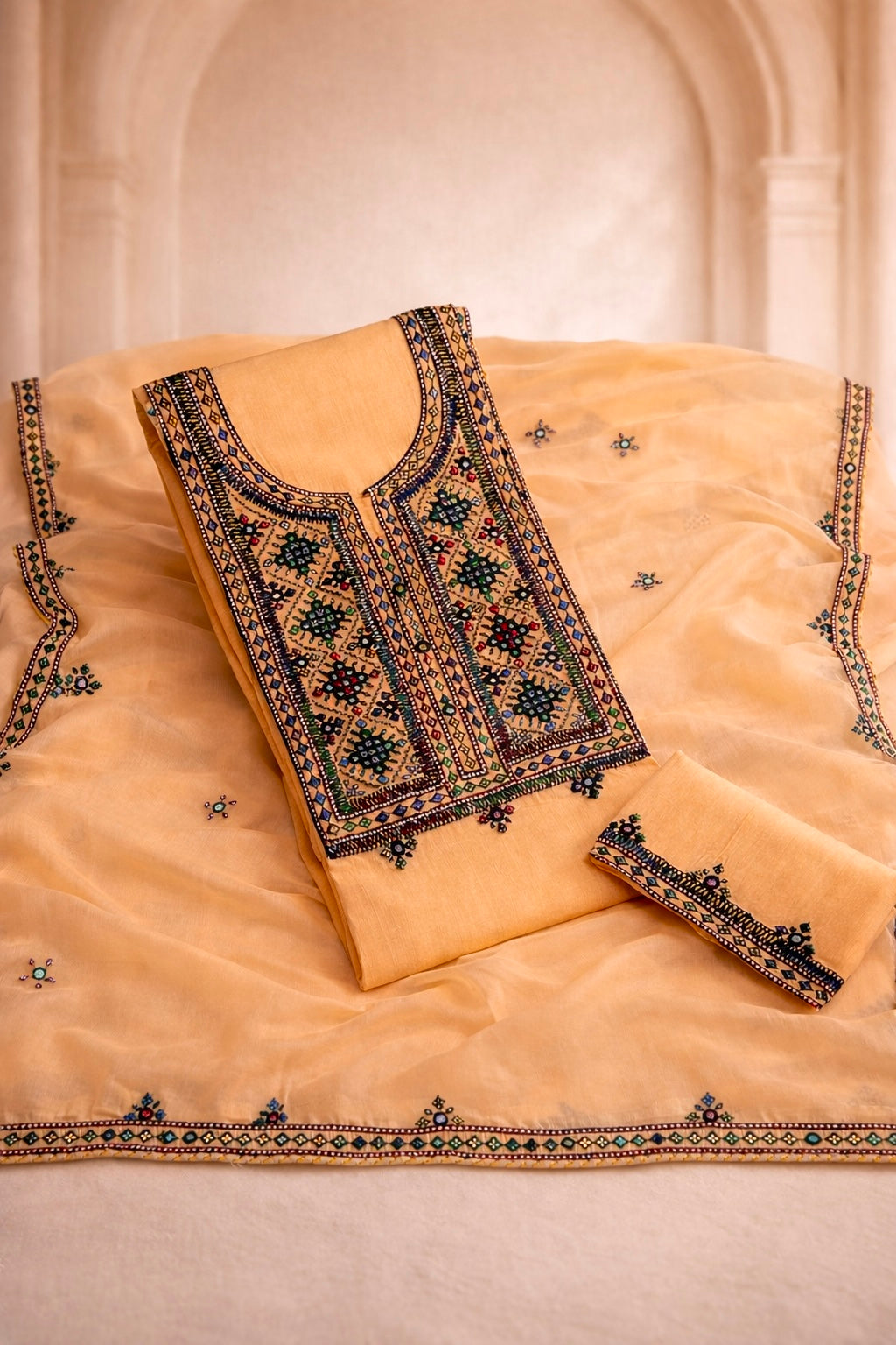 Handmade Balochi Mirror Work Soft Cotton with Chiffon Dupatta β 3 Piece Unstitch Dress π