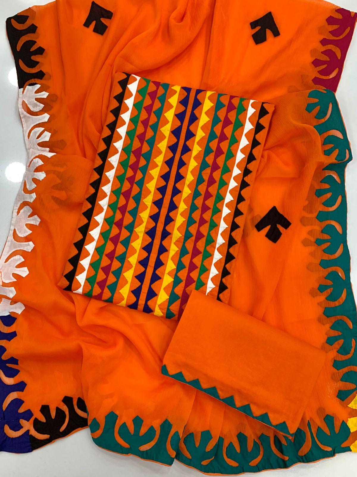 Multicolor Applique 3-Piece Dress – Soft Cotton with Chiffon Dupatta