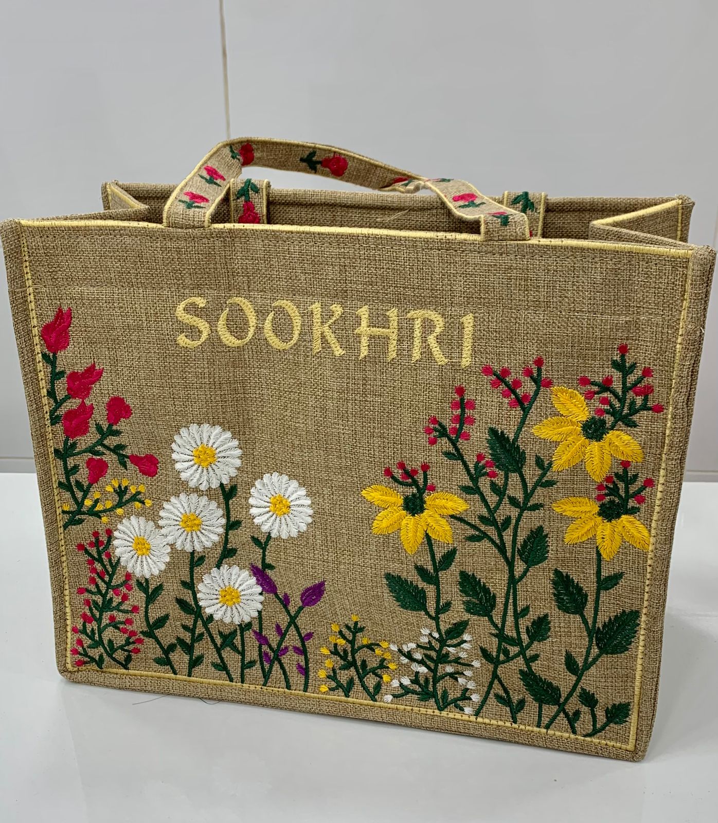 Traditional Jute Fabric Flower Embroidered Handbags
