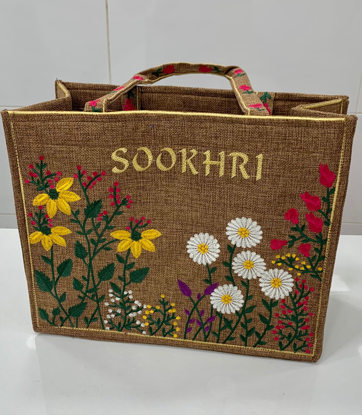Traditional Jute Fabric Flower Embroidered Handbags
