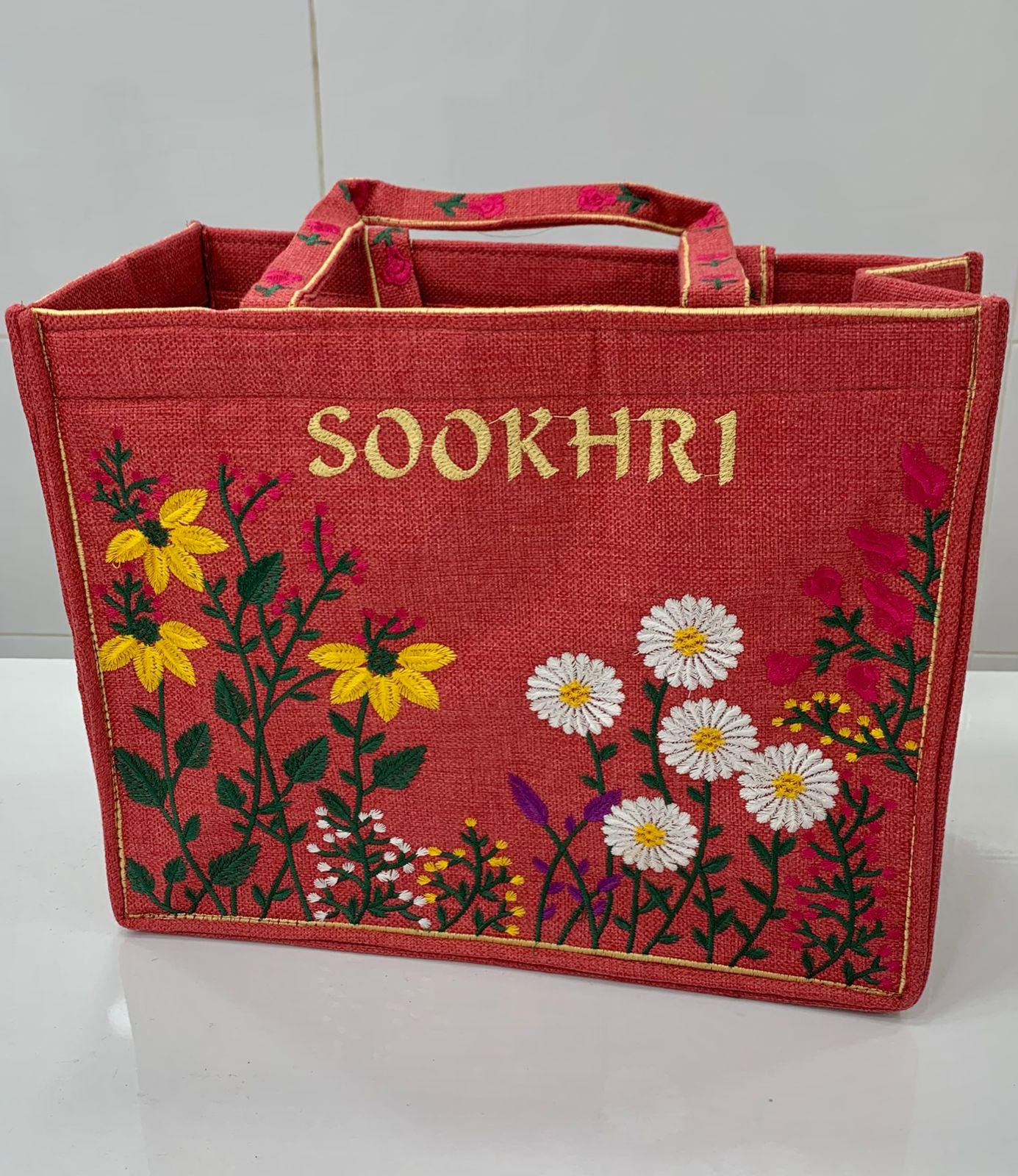 Traditional Jute Fabric Flower Embroidered Handbags