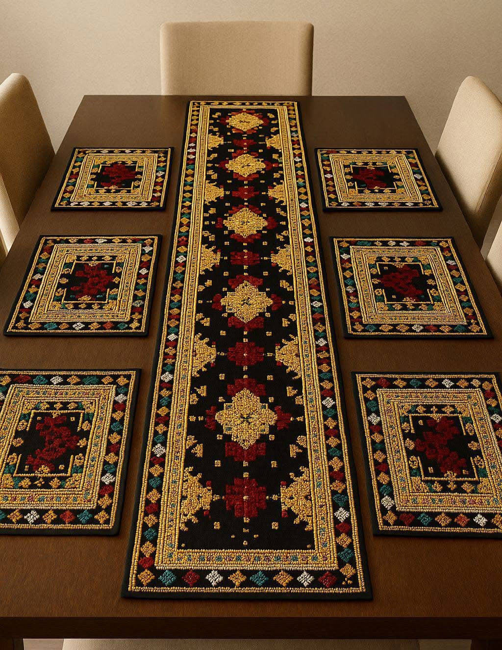 Dinning Table Embroidered Mats With Long Runner 7pc Set