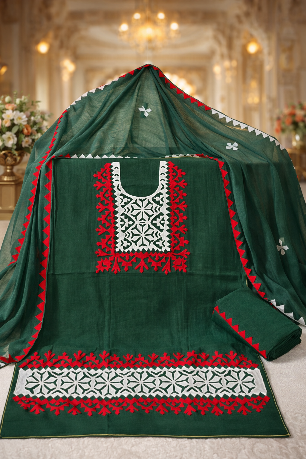 Fancy Applique Handmade Work Soft Cotton with Chiffon Dupatta - 3PC Unstitch Dress π