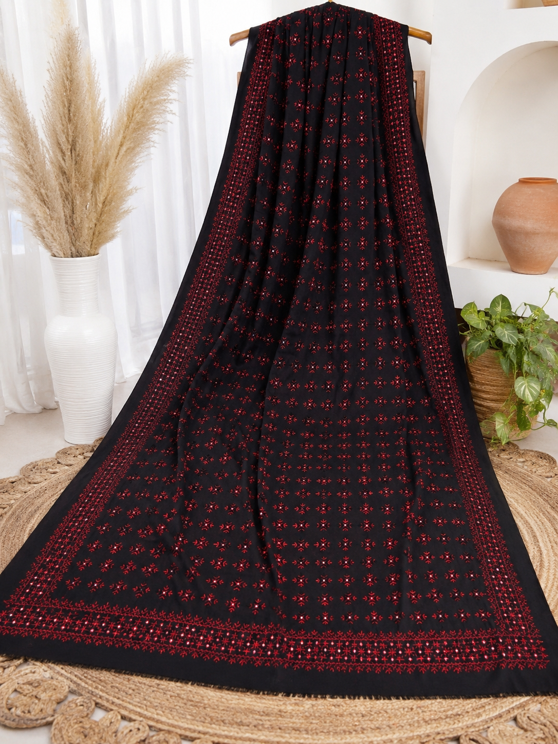 Swiss Lawn Fabric Handmade Original Mirror Work Full Jaal 4 Side Border Shawl for Women