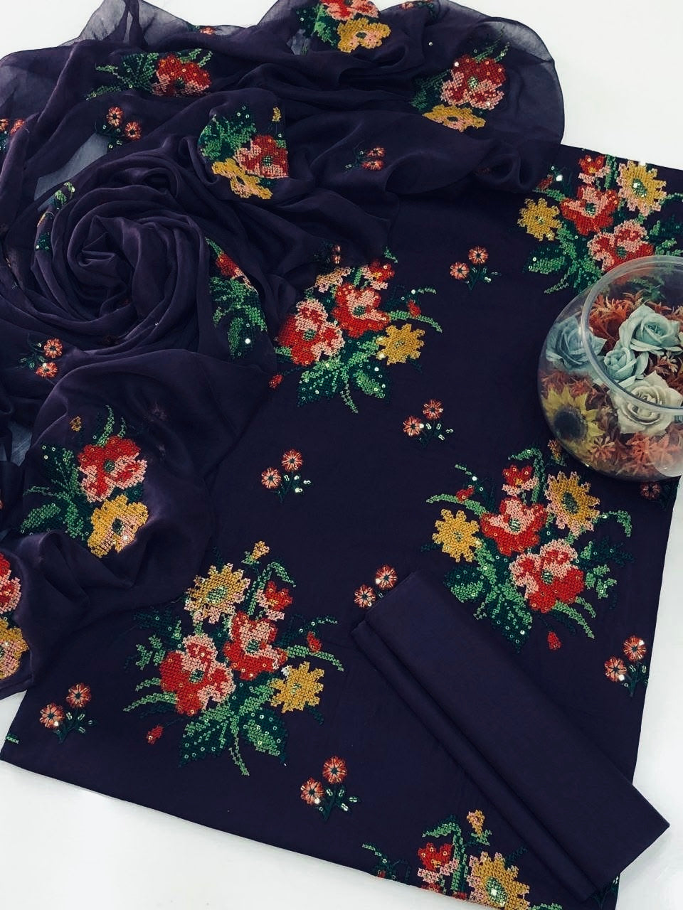 Cross Stitch Embroidery With Sequence Sitara Work 3pc Dress 👗
