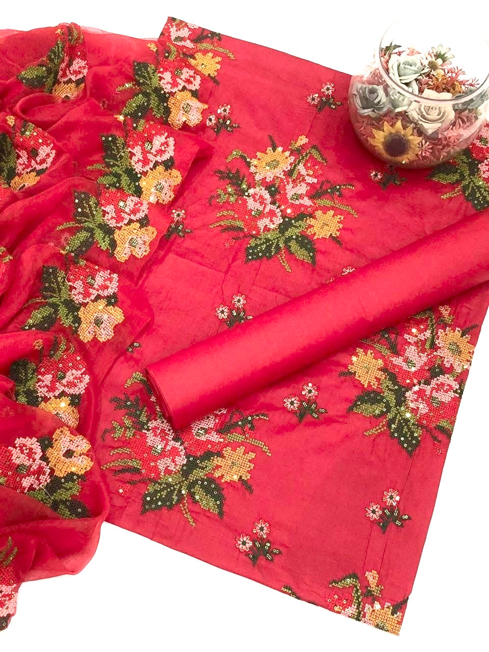 Cross Stitch Embroidery With Sequence Sitara Work 3pc Dress π