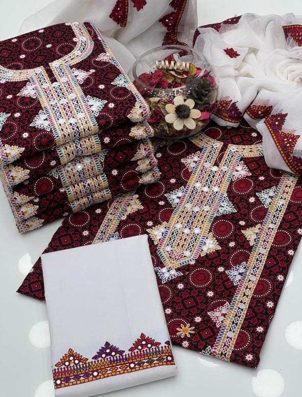 Ajrak Thick Thread Machine Embroidery 3pc Dress 👗