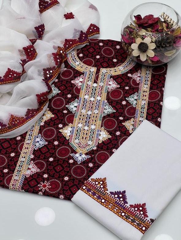 Ajrak Thick Thread Machine Embroidery 3pc Dress 👗