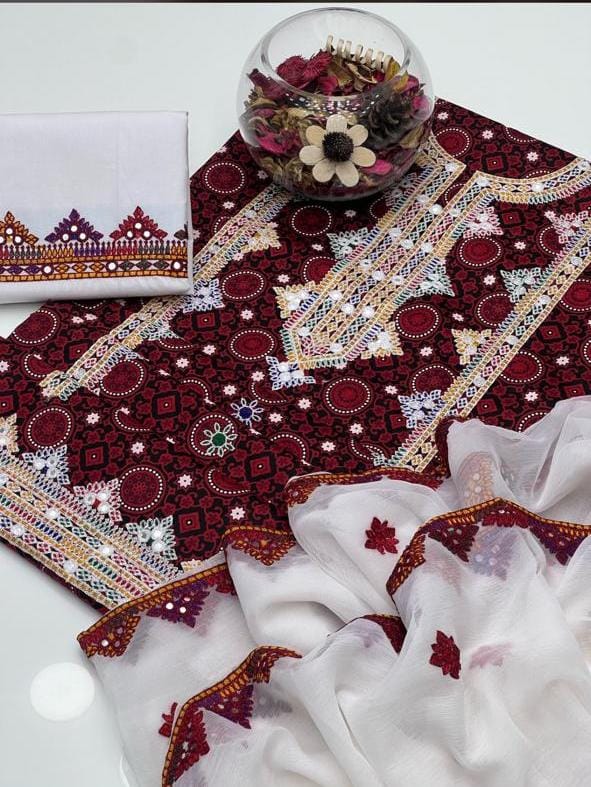 Ajrak Thick Thread Machine Embroidery 3pc Dress 👗