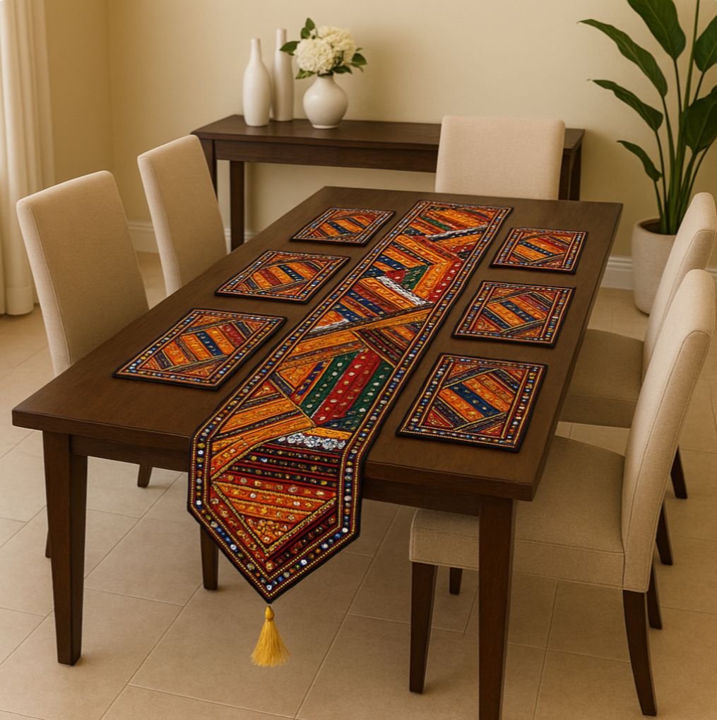 Traditional Antique Fine Quality Multi Embroiderd 5pcs Sofa Cushion Cover Set Along With 1 Long Center Table Runner With 6pcs Table Mats