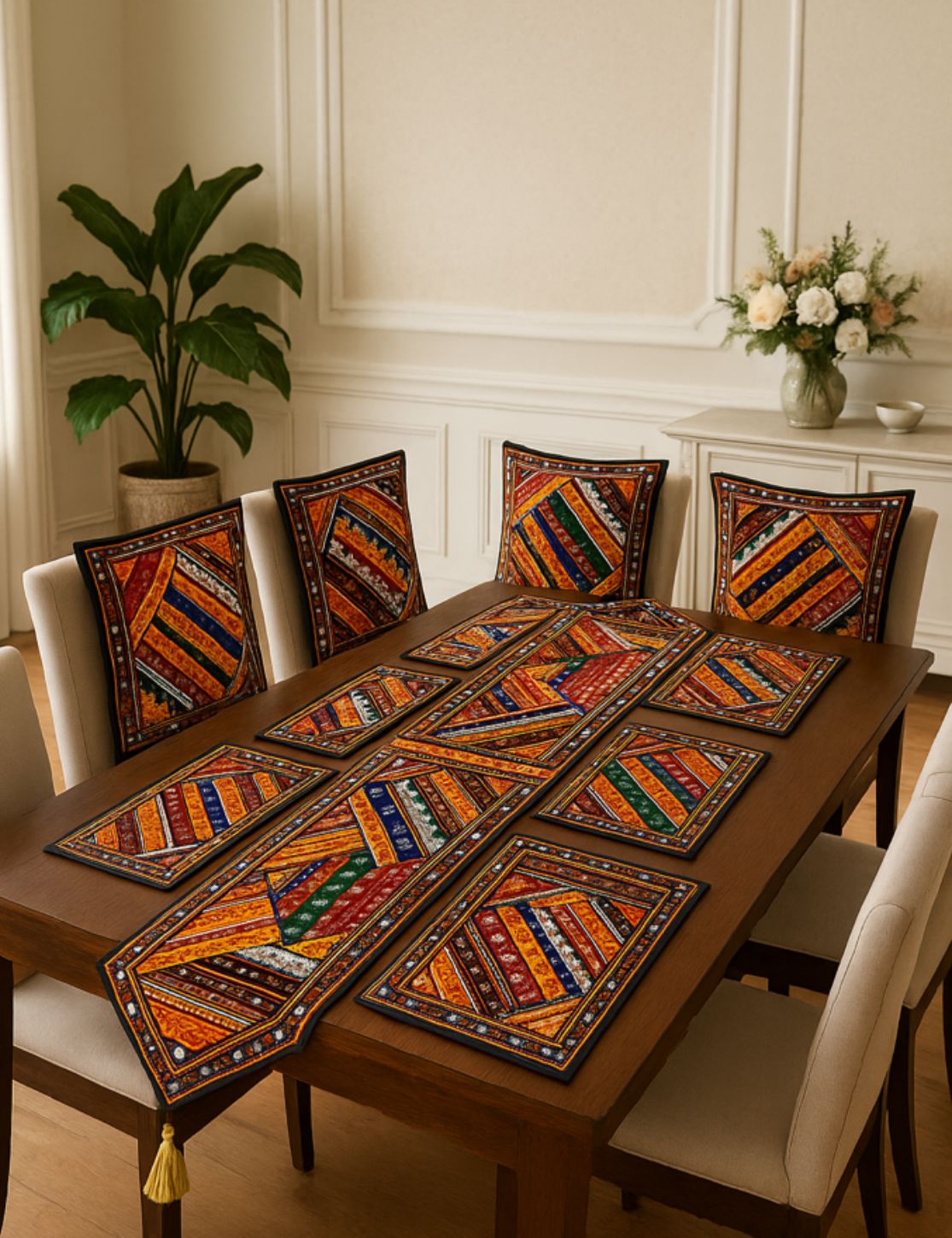 Traditional Antique Fine Quality Multi Embroiderd 5pcs Sofa Cushion Cover Set Along With 1 Long Center Table Runner With 6pcs Table Mats