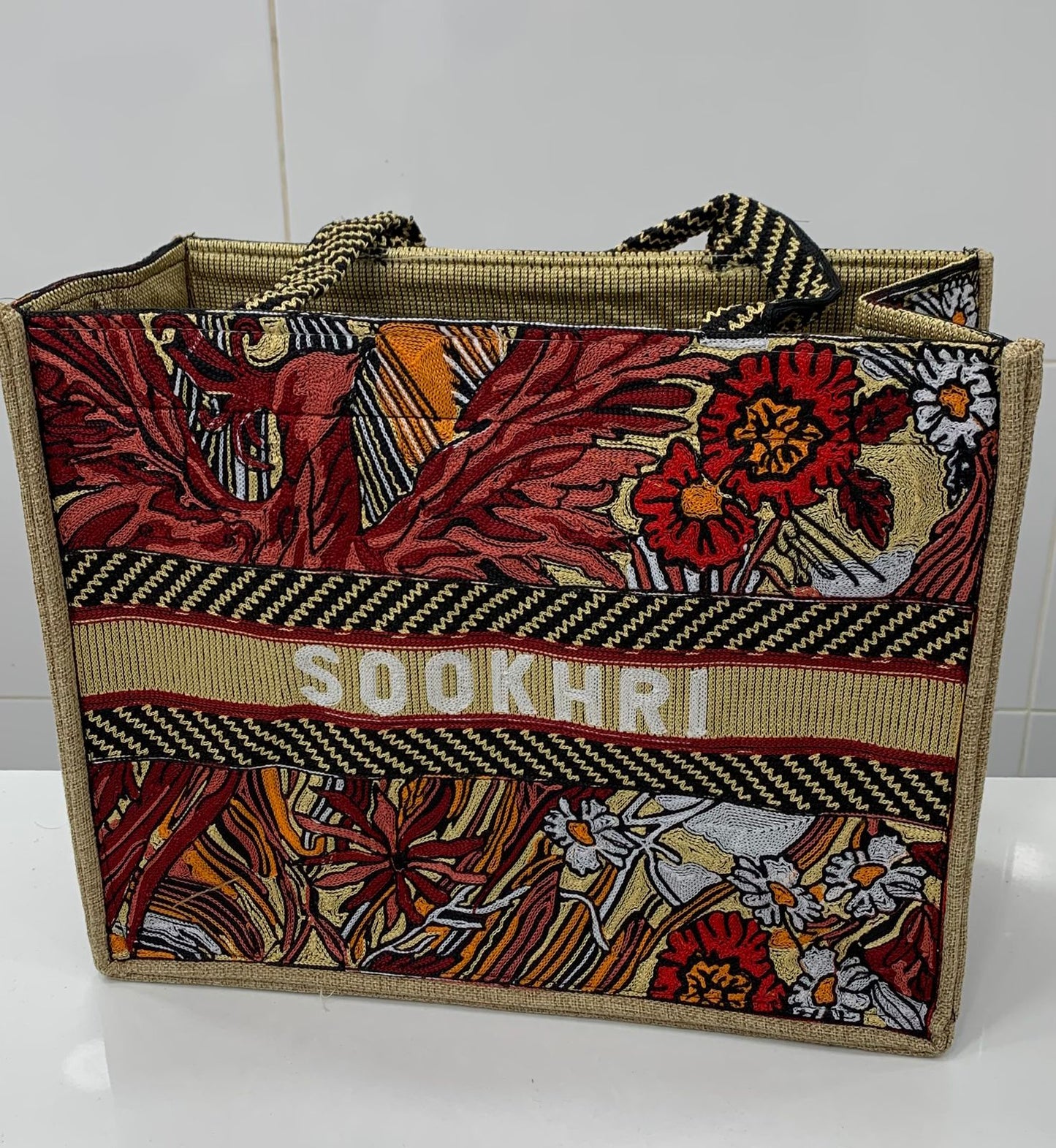 Traditional Jute Fabric Flower Embroidered Handbags