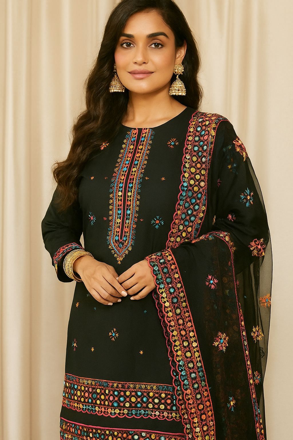 Computer Multi Embroidery Gala Bail Daman Unstitch 3pc Dress