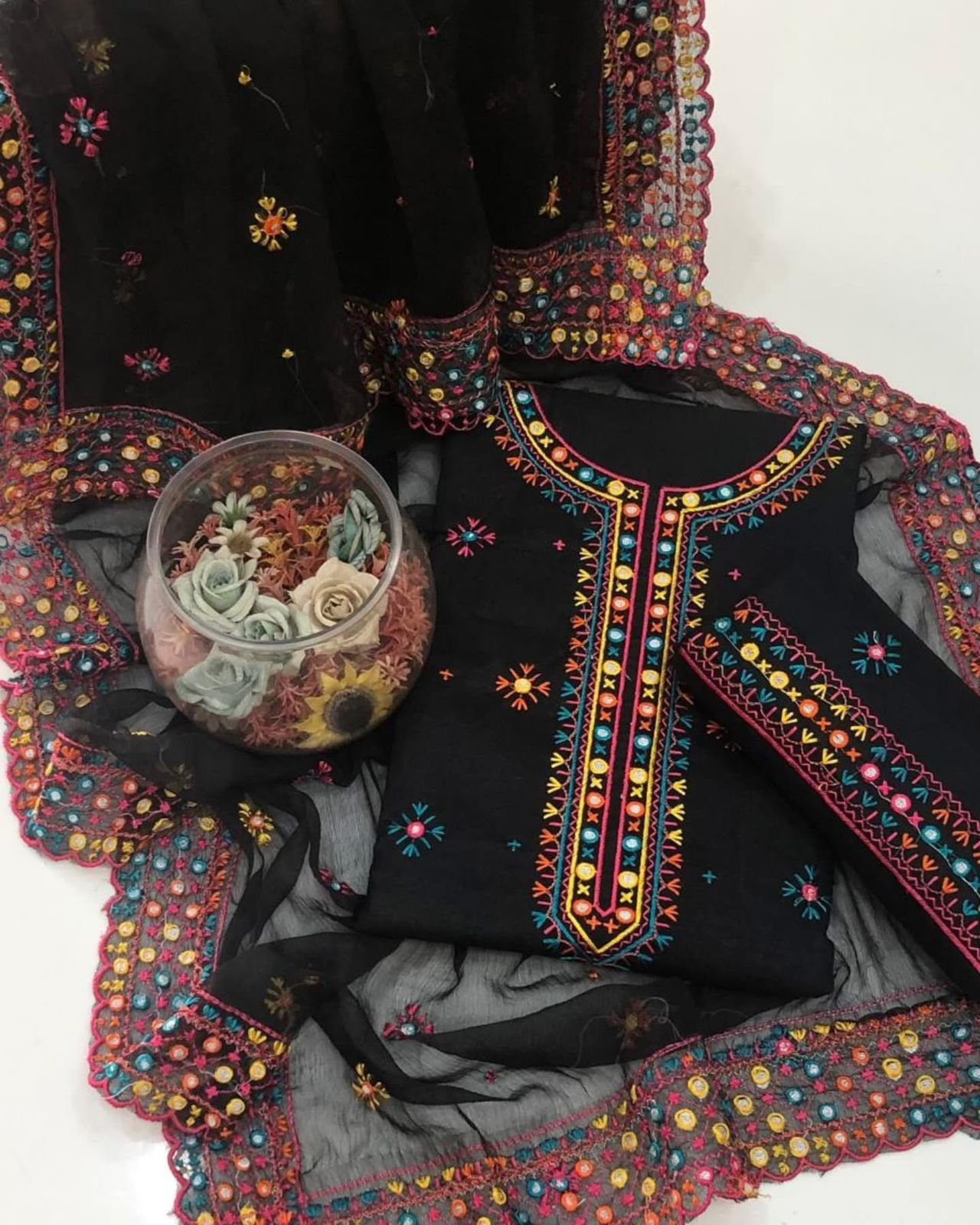 Computer Multi Embroidery Gala Bail Daman Unstitch 3pc Dress