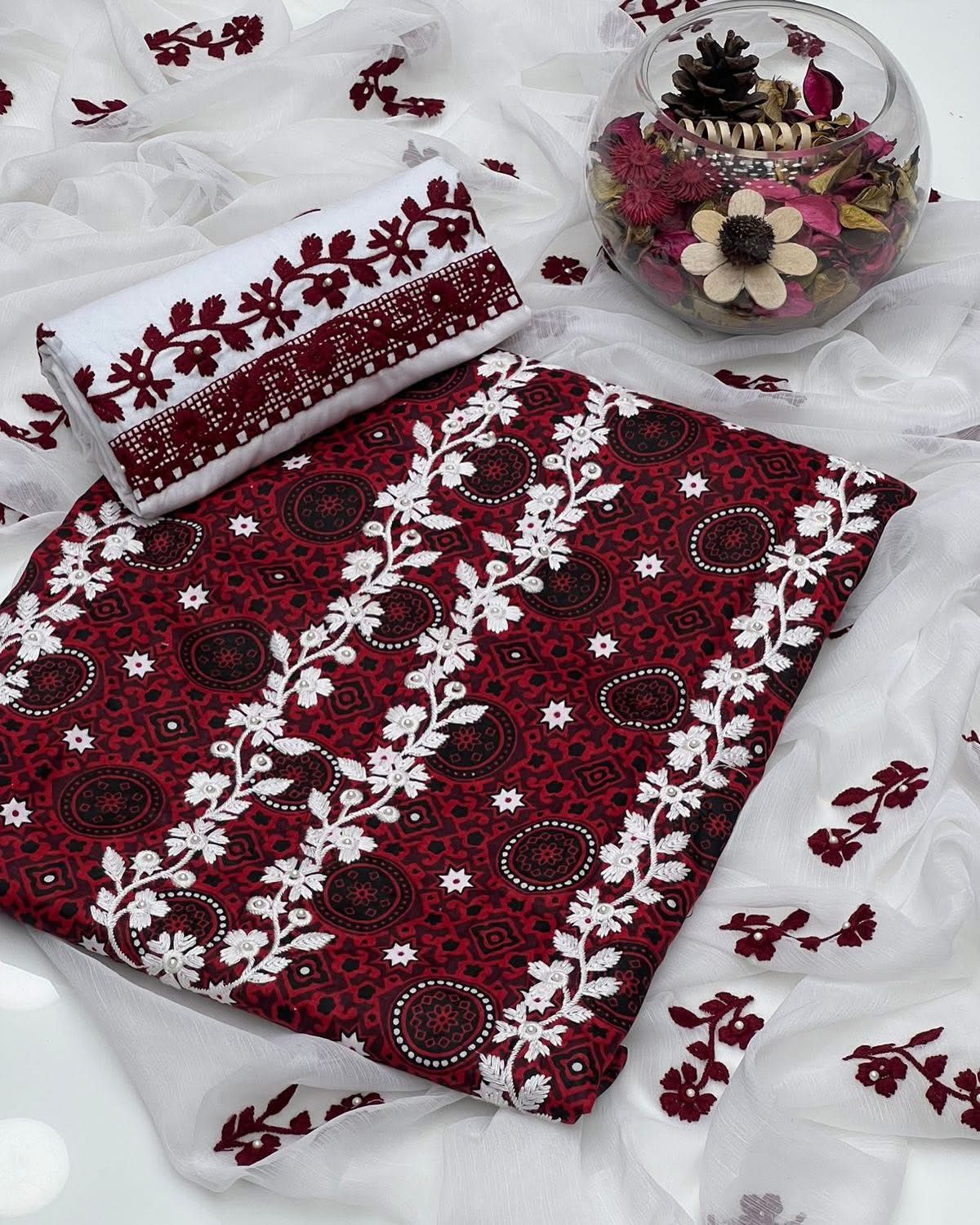Ajrak Pearl Work Embroidered 3pc Dress 👗