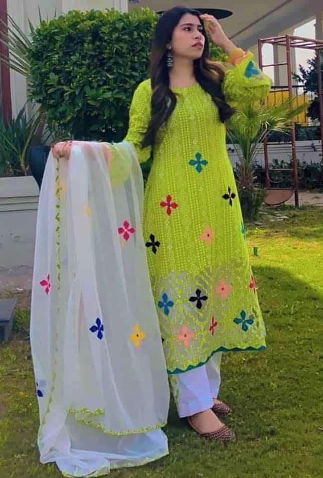 Lawn Cotton Stuff Chunri Print Multi Applic Net Daman Cut Work Handmade Shirt
