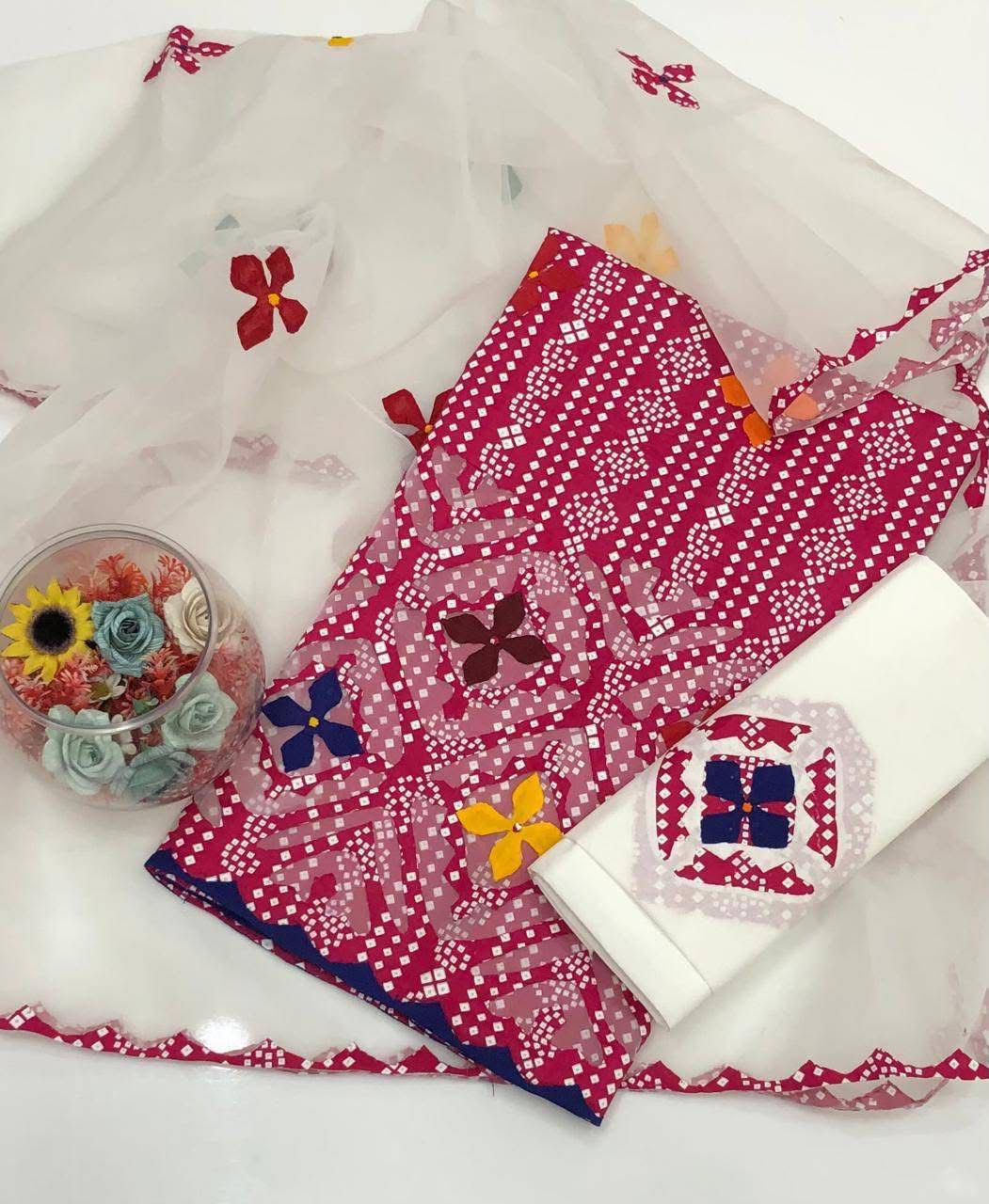 Lawn Cotton Stuff Chunri Print Multi Applic Net Daman Cut Work Handmade Shirt