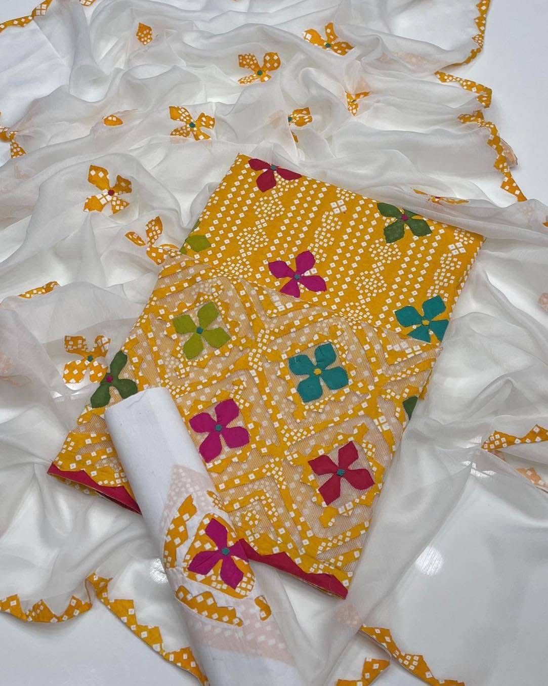 Lawn Cotton Stuff Chunri Print Multi Applic Net Daman Cut Work Handmade Shirt