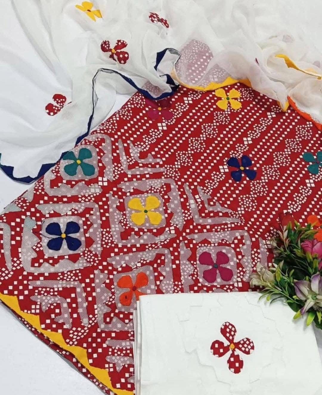 Lawn Cotton Stuff Chunri Print Multi Applic Net Daman Cut Work Handmade Shirt