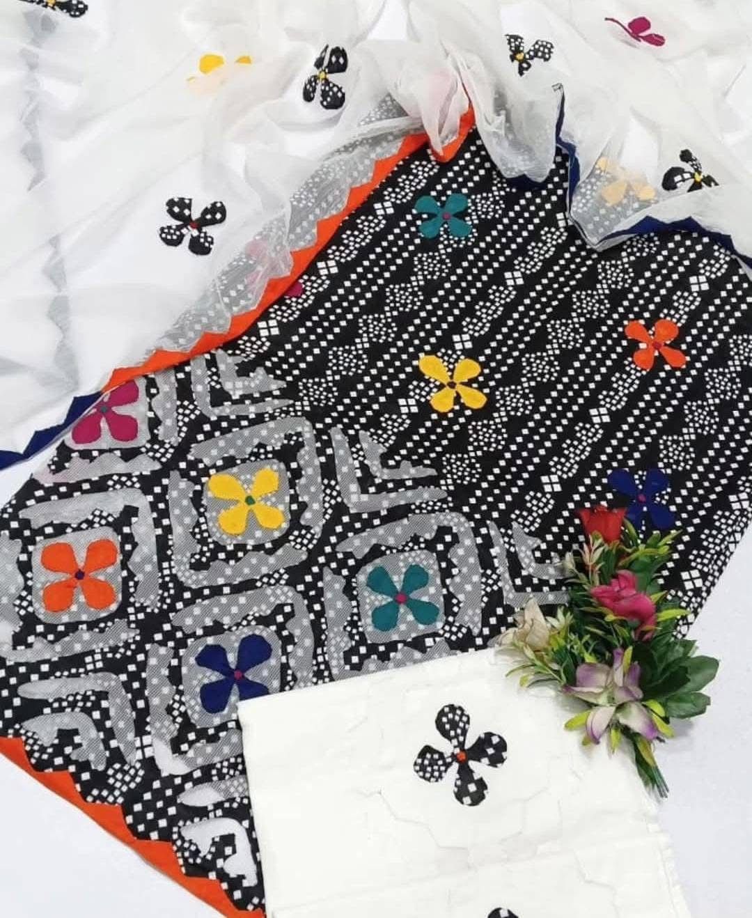 Lawn Cotton Stuff Chunri Print Multi Applic Net Daman Cut Work Handmade Shirt