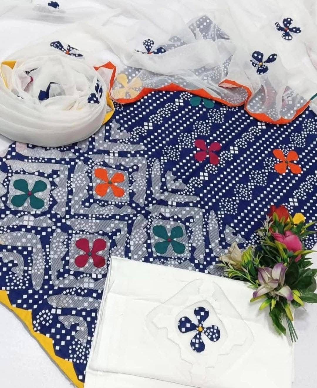 Lawn Cotton Stuff Chunri Print Multi Applic Net Daman Cut Work Handmade Shirt