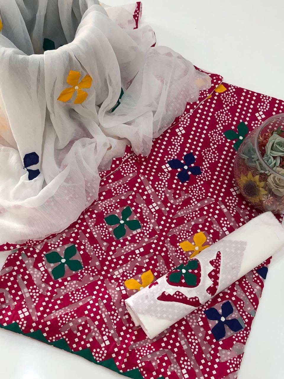 Lawn Cotton Stuff Chunri Print Multi Applic Net Daman Cut Work Handmade Shirt