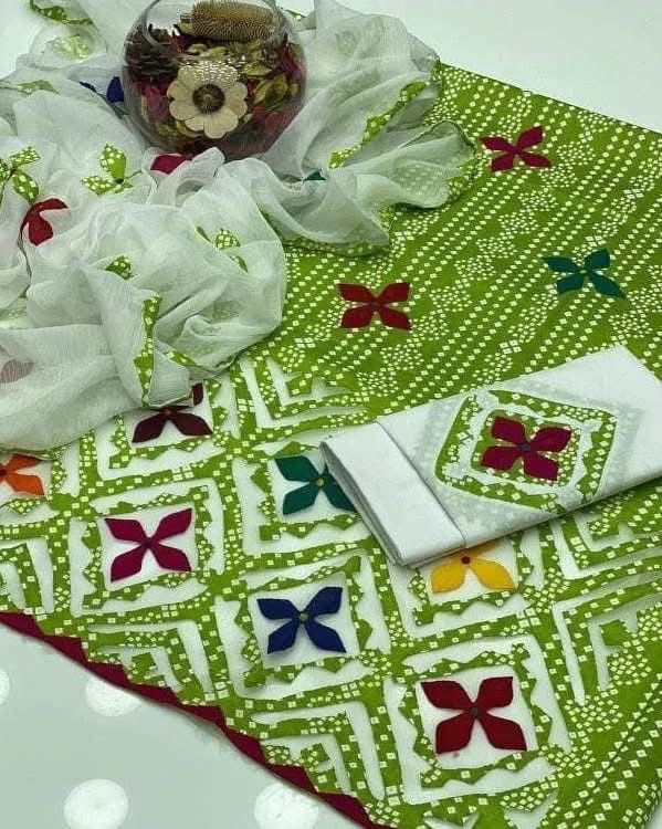 Lawn Cotton Stuff Chunri Print Multi Applic Net Daman Cut Work Handmade Shirt