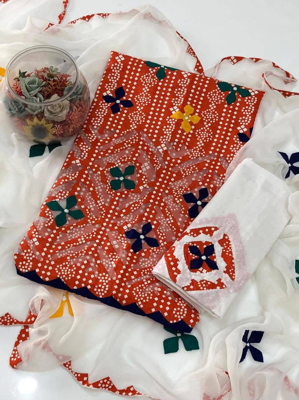 Lawn Cotton Stuff Chunri Print Multi Applic Net Daman Cut Work Handmade Shirt