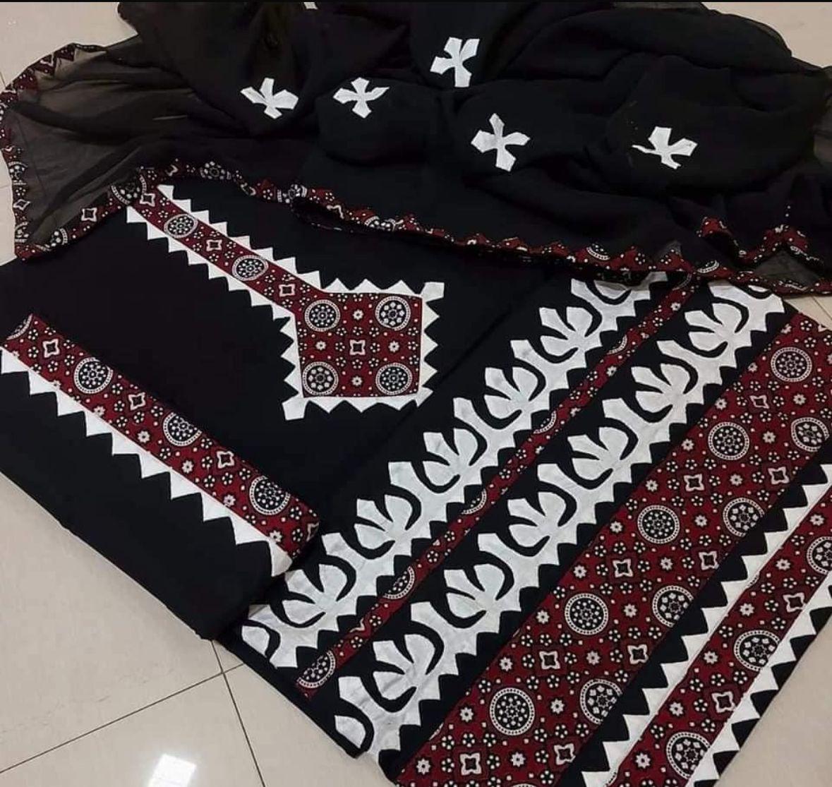 Black Ajrak Applic Handmade 3pc Dress 👗