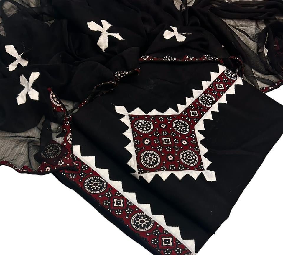 Black Ajrak Applic Handmade 3pc Dress 👗