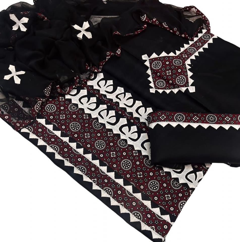 Black Ajrak Applic Handmade 3pc Dress 👗